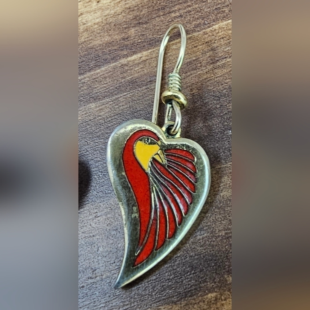 Laurel Burch DOVE HEART Bright Red Gold Tone Dangle Earrings - Picture 2 of 8